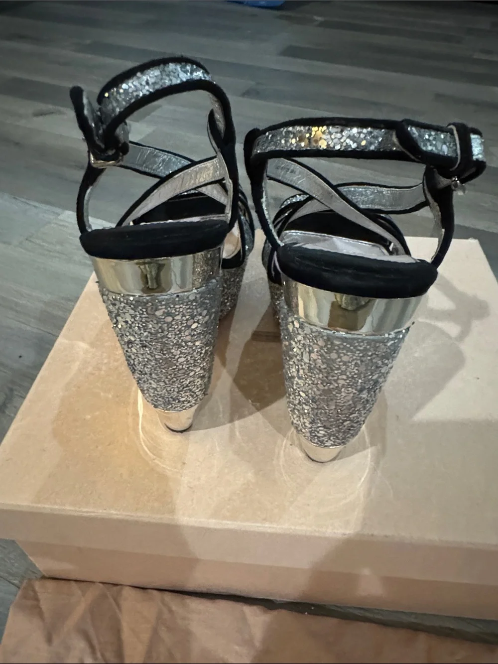 Miu Miu Silver Glitter Platform Slingback Sandals